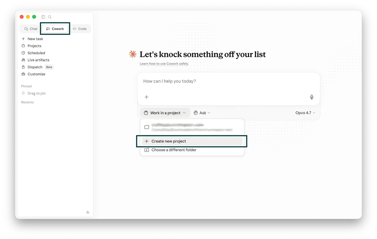 Claude Desktop, Cowork-modus, Create new project menu